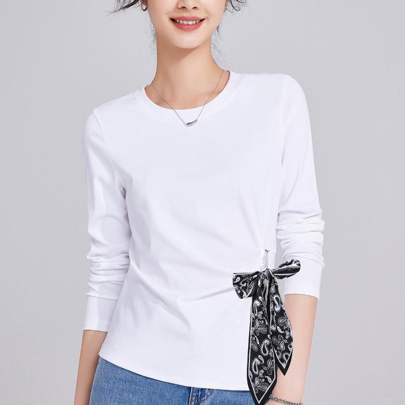 Premium Sense Front Shoulder Long Sleeve Women's Spring and Autumn New Silk Scarf Strap Top T-shirt Women