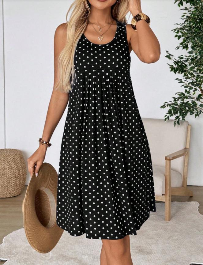 Women's Sleeveless Polka Dot Dress Round Neck Loose A-Line Casual Midi Tank Dress For Daily Beach Wear
