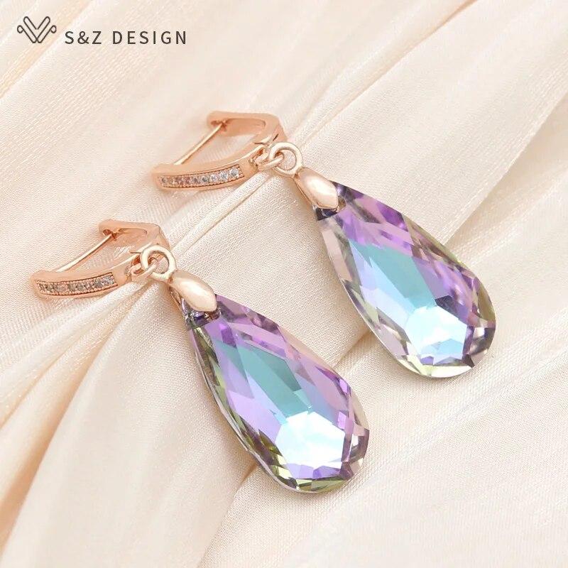 

S & Z DESIGN Новая мода 585 розового золота цвета капли воды кристалл висячие серьги для женщин свадебные украшения серьги с кубическим цирконием