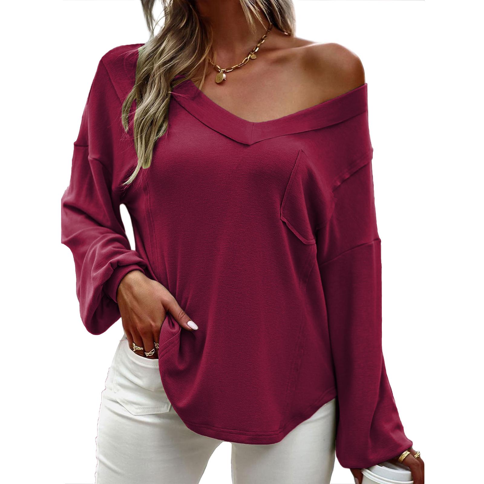 

Жіноча осінньо-зимова однотонна футболка з V-подібним вирізом, вільного крою, з довгим рукавом XL кларет