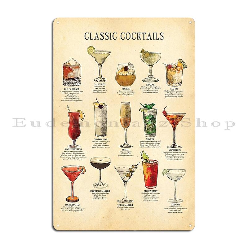 Cocktail Chart Classic Cocktail Poster by Pocket Cocktails Metal Party Home Plaques Customized Create Tin Sign Poster