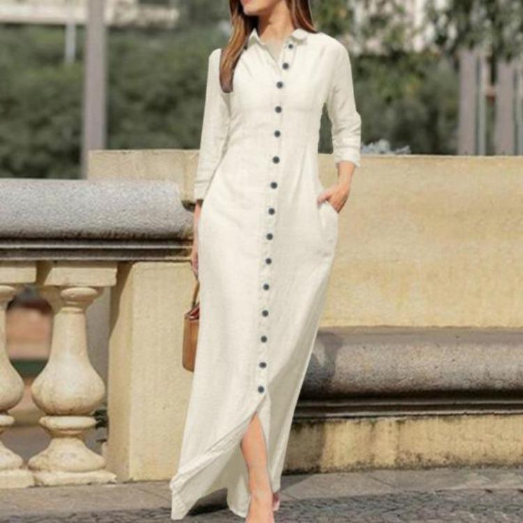 Spring Summer Women Dress Pure Color V Neck Loose Long Sleeves Lapel Split Hem Casual Ankle Length Soft Breathable Side Pockets Single-breasted