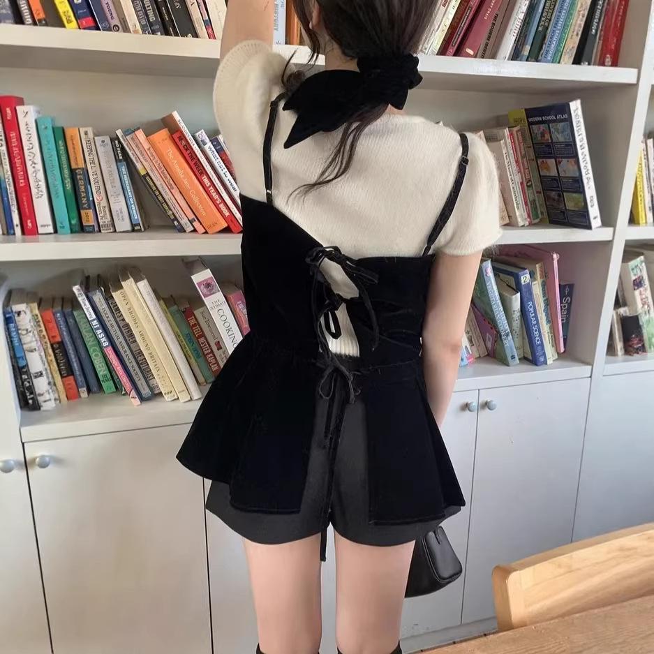 2026 Early Spring Korean Style Black Velvet Lace-up Mini Dress One Size чёрный