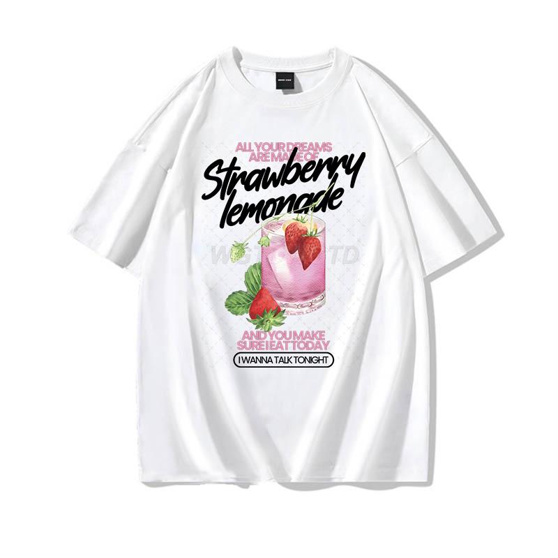Strawberry Lemonade T-Shirt Cotton Summer Tops Women's Clothing Pink Strawberry Top Girl Outfits Gift Fashion Casual T-shirts