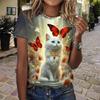 T-shirt à manches courtes et col rond pour femme, imprimé chat, papillon, rose, amusant et décontracté, à la mode, été