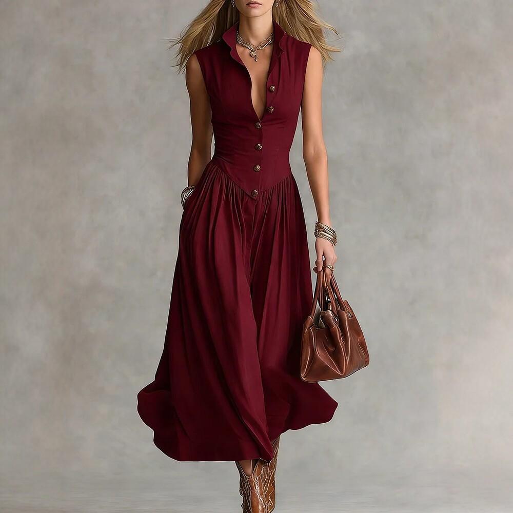 Frühling neue französische Temperament elegante Muse Ventilator schlank schlank schlank Revers ärmelloses langes Kleid Damenbekleidung