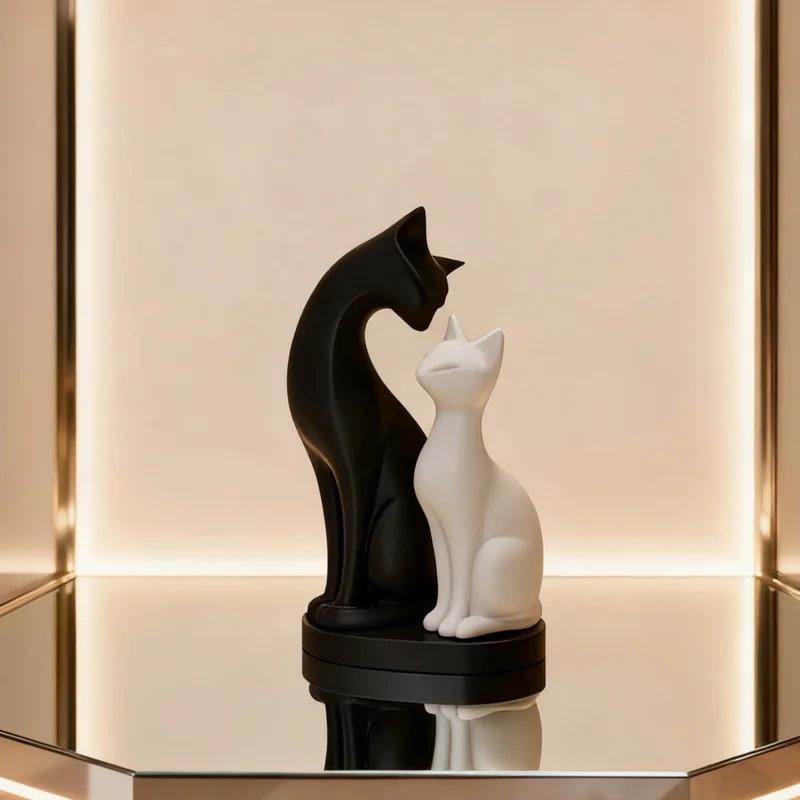 Abstract Black-and-White Cat Couple Sculpture: Modern Romantic Animal Statue for Home Decor and Artistic Ornament