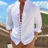 Men Summer Shirt Long Sleeve Stand Collar Single-breasted Casual Buttons Daily Wear Slim Fit Solid Color Beach Shirt Male Clothes