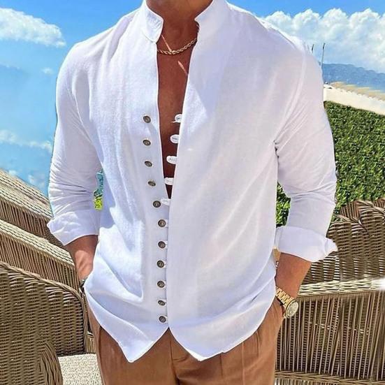 Men Summer Shirt Long Sleeve Stand Collar Single-breasted Casual Buttons Daily Wear Slim Fit Solid Color Beach Shirt Male Clothes