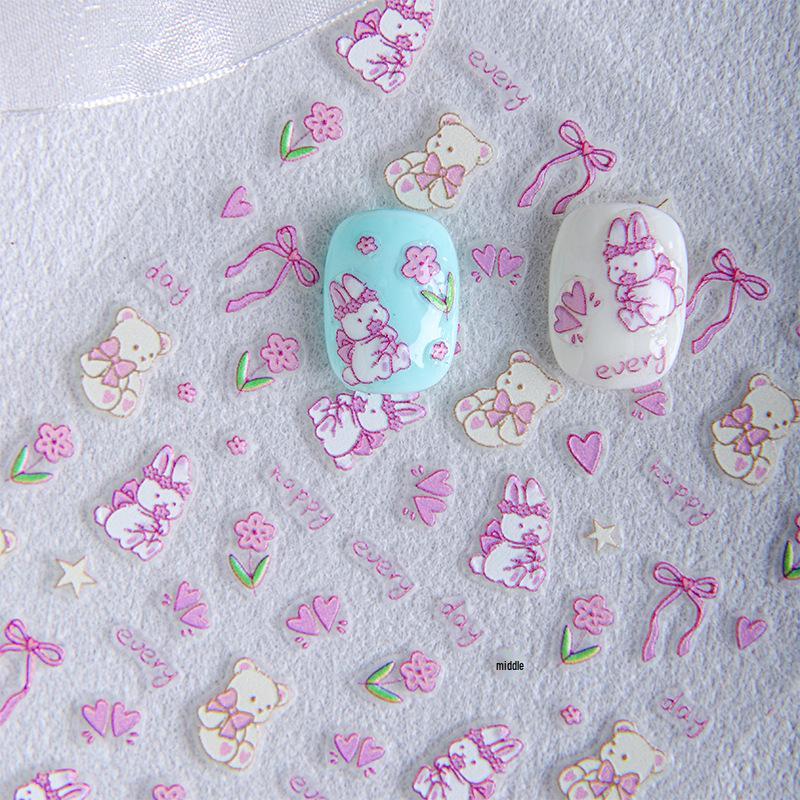 Sky Tulip Bunny & Bear 3D Nail Stickers – Cute Cartoon DIY Embossed Decals