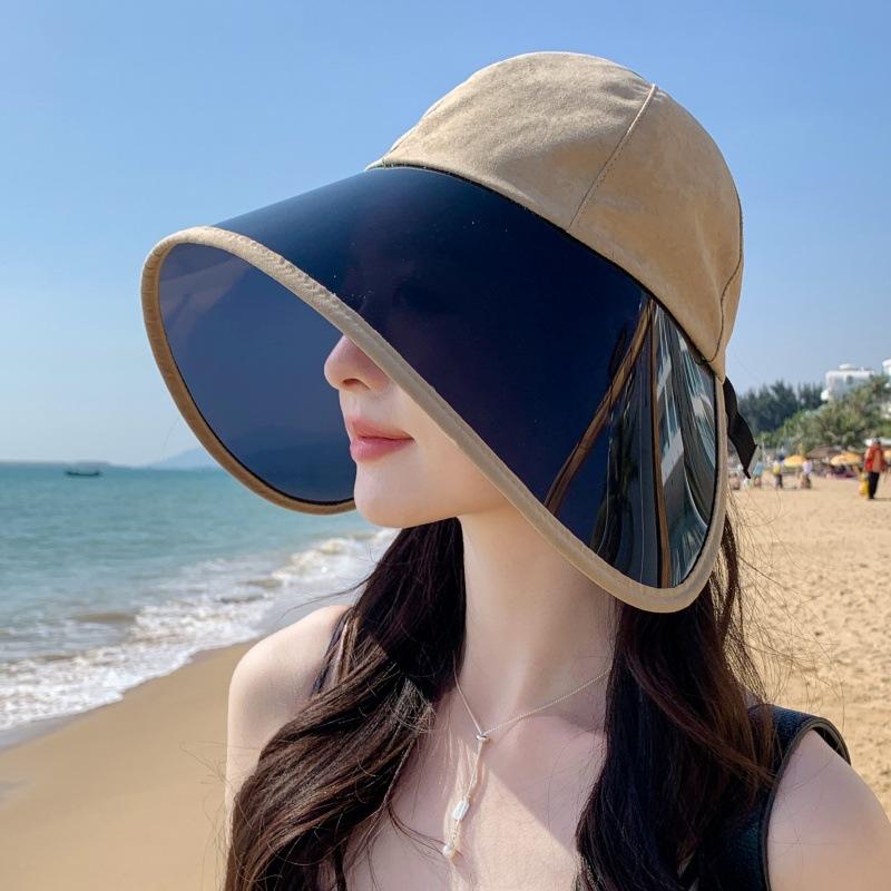 Women'S Big Eaves Anti-Ultraviolet Lenses Sun Hat Outdoor Face Covering Bucket Hat Beach Sun Protection Shawl Bucket Hat