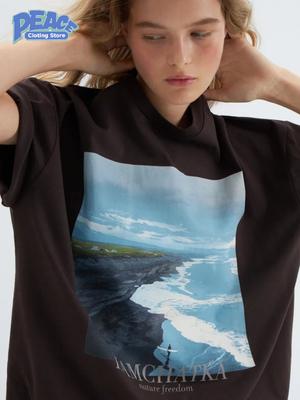 Summer Seaside Printed T-shirt for Men and Women 100% Cotton T-shirt Summer Fashion Casual Comfy Commute Crewneck Top Streetwear