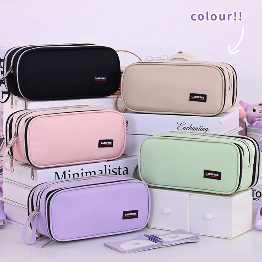 Large capacity pencil case with three-layer zipper, student stationery bag, simple and multifunctional pencil case