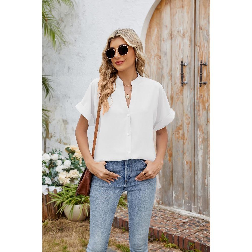 Sommer Neue Einfarbig V-ausschnitt Lose Kurzarm Button-Down Chiffon Hemd