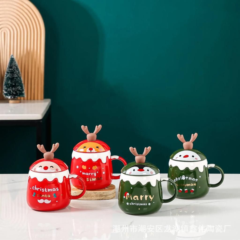 Creative Christmas Gift Ceramic Cup Cute Elk Mug Gift Water Cup with Lid Spoon Office Coffee Mug 400ml