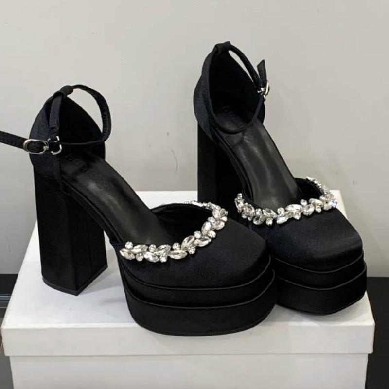 Fashion Luxury Rhinestone Satin Women Sandals Waterproof Double Platform Heeled Shoes Woman 12 Cm Super High Heel Party Prom Women Shoes