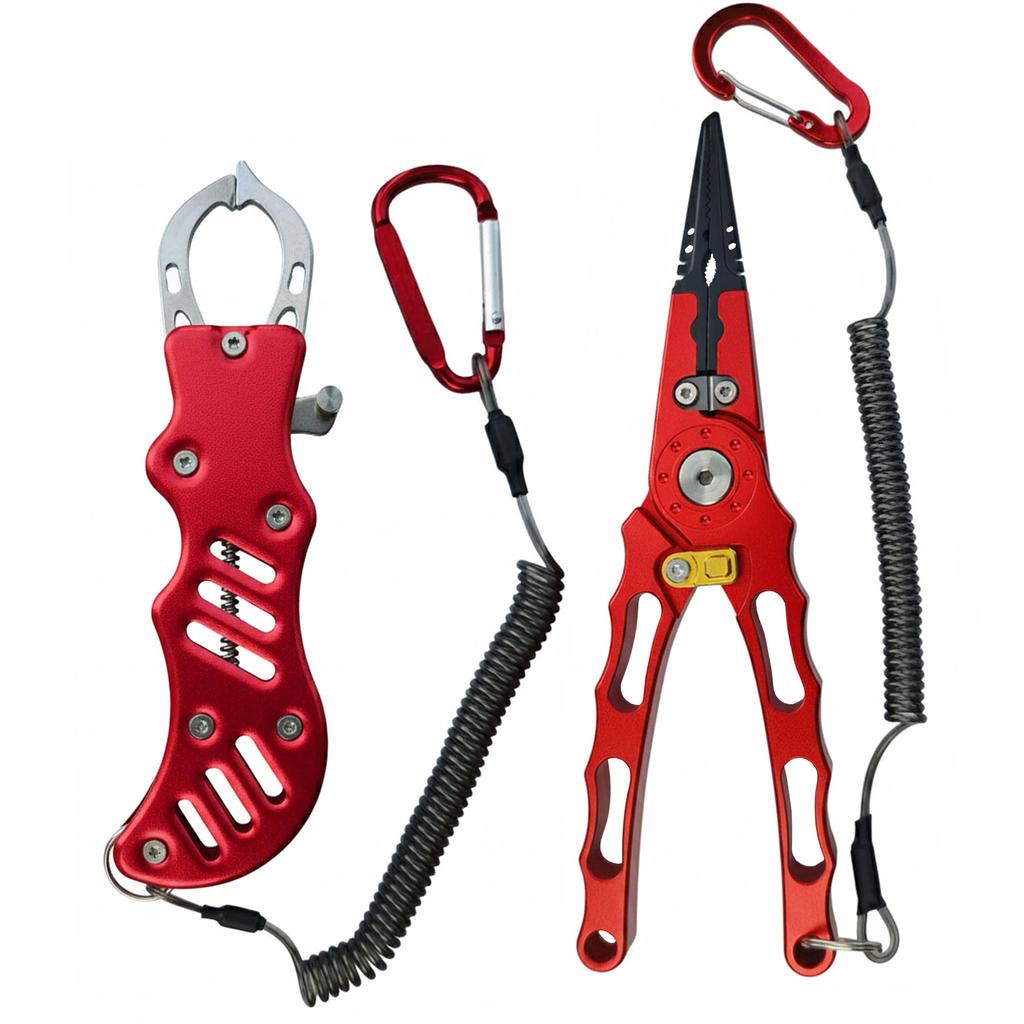 Fish Grip Fishing Fishing with High with Wrist Aluminum Red Set, Tackle, Pliers, Lock, Rust-Resistant, Lightweight, Hardness, Rope, Alloy, 2-Piece