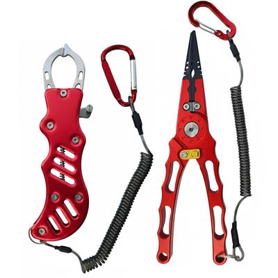 Fish Grip Fishing Fishing with High with Wrist Aluminum Red Set, Tackle, Pliers, Lock, Rust-Resistant, Lightweight, Hardness, Rope, Alloy, 2-Piece