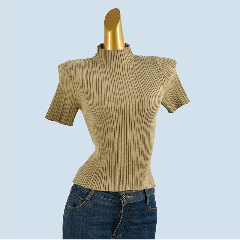 Fleece Blended Spring and Autumn New Women Solid Short sleeve Woolen Sweater Women Simple Half-high Collar Slim fit Slimming Top
