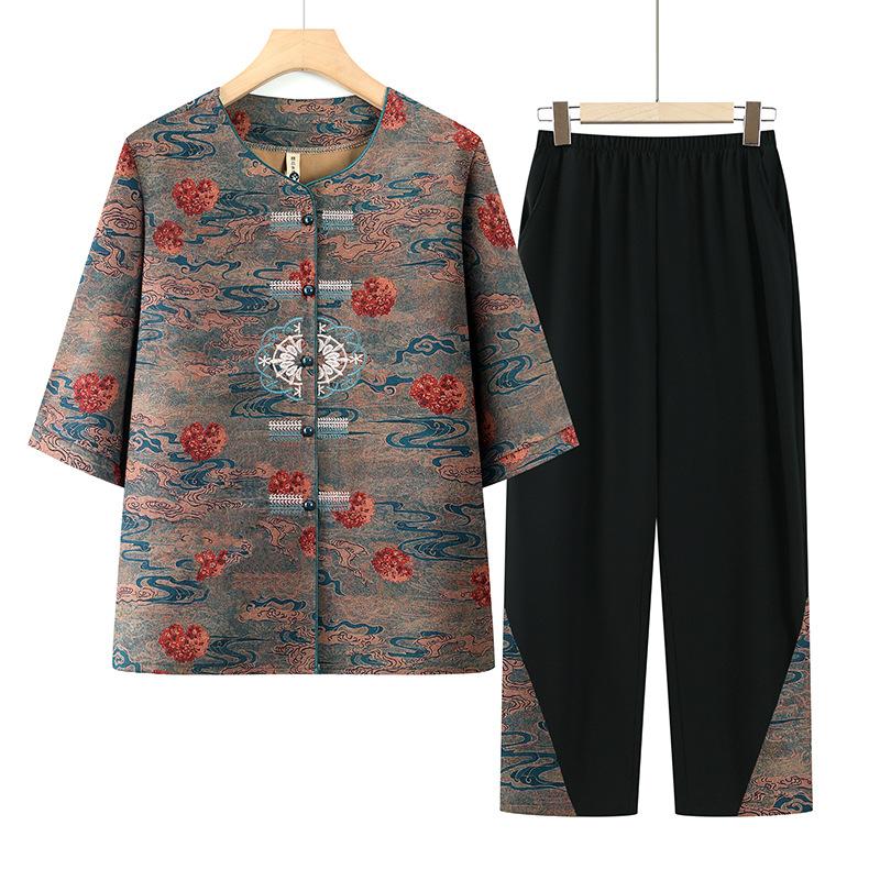 Summer Clothing for The Elderly Short-sleeved Fashionable Ladies' Traditional Chinese Style Suit Two-piece Suit