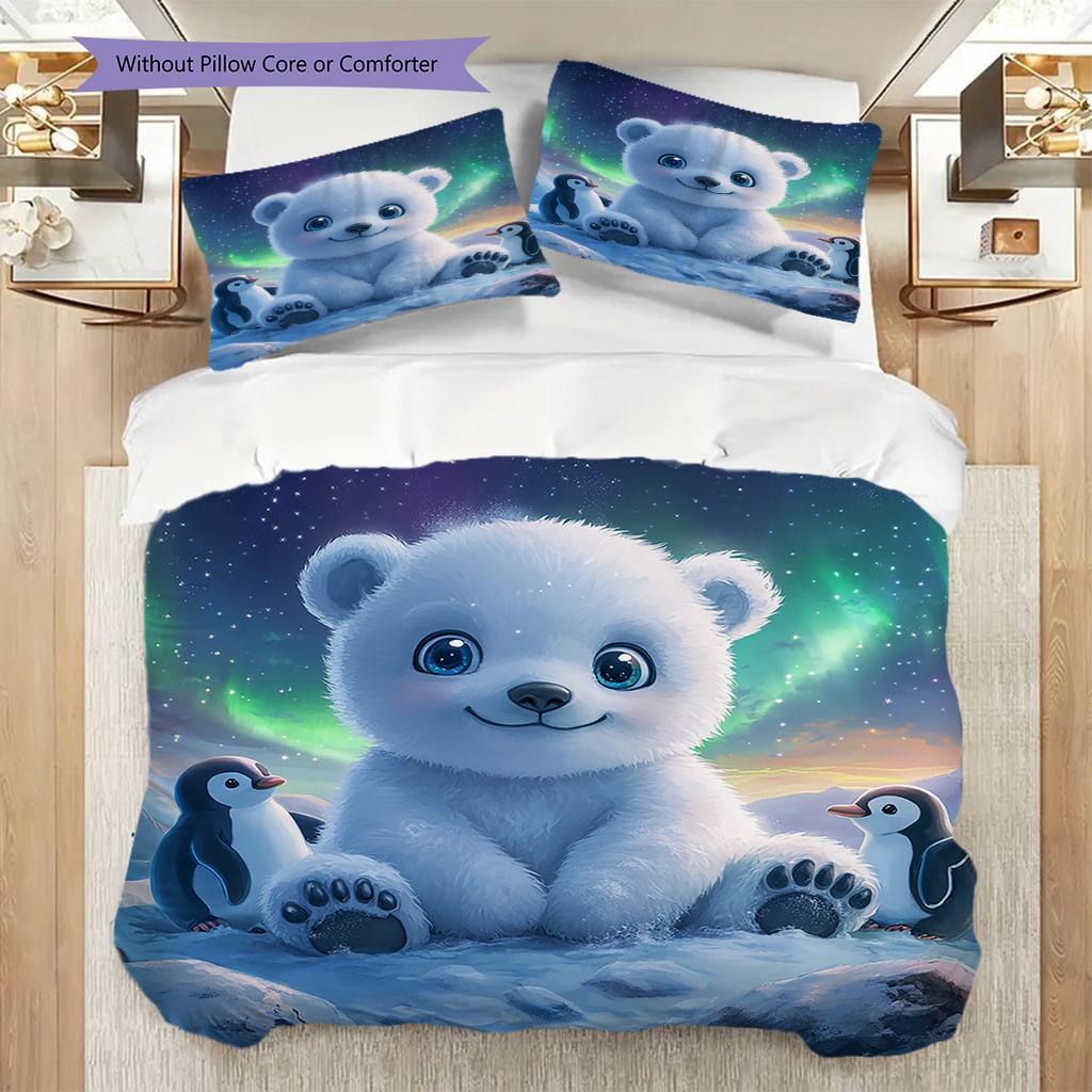 Polar Bear Pattern Bedding Quilt Set Quilt Cover Pillowcase Home Decoration Birthday Gift (1 * Duvet Cover + 2 * Pillowcase, Without Core)