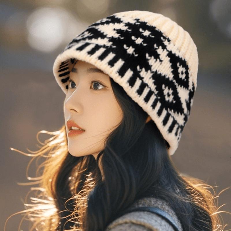 Vintage Karierter Damen Bucket Hat Winter Gestrickter Fischerhut Warmer Damen Glockenhut Hut mit Ohrenschutz Herbst und Winter Outdoor-Sport