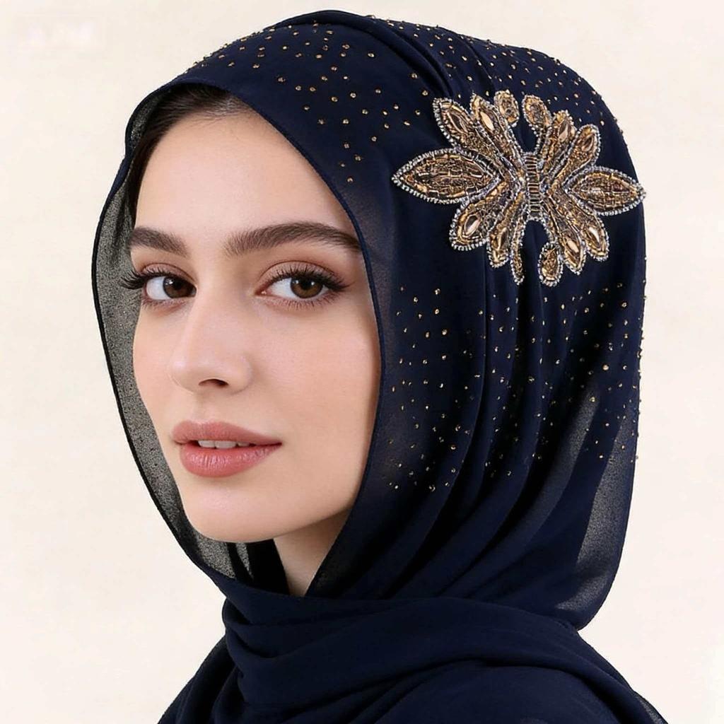 Luxury Rhinestone Chiffon Hijab Scarf Women Muslim Crystal Diamond Headscarf White Wedding Shawl Embroidered Beaded Turban Wrap
