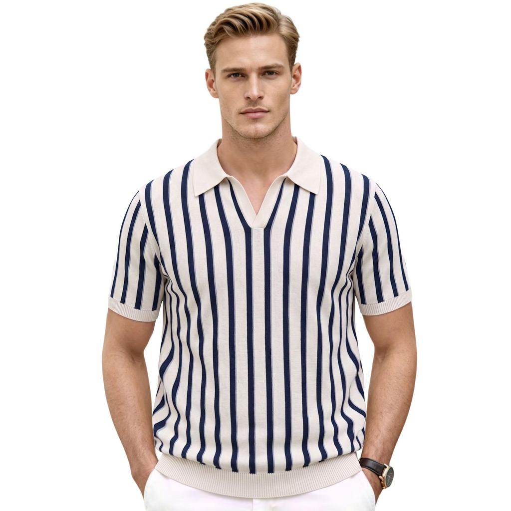 Camisa Polo de Hombre a Rayas con Cuello - Verano Casual de Punto de Manga Corta SJ0158