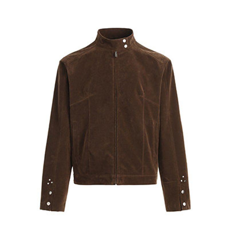 Blaexit American Retro Deconstructed Patchwork Suede Jacket for Men and Women Early Autumn Velvet Leather Harrington Stand Collar Jacket