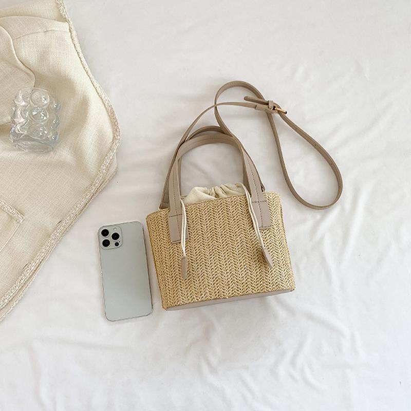 Knit Travel Bags Straw Woven Beach Bag Wrist Pack Women Handle Female Bucket Tote Bags Rattan Ladies Purses Handbag