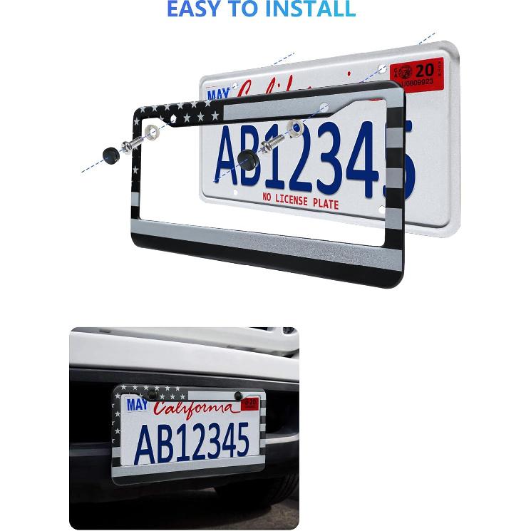 American Flag License Plate Frames - 2 Pack Black Stainless Steel Front Rear Car Tag Frames Printed With Patriotic USA Flag Pattern, With Decals