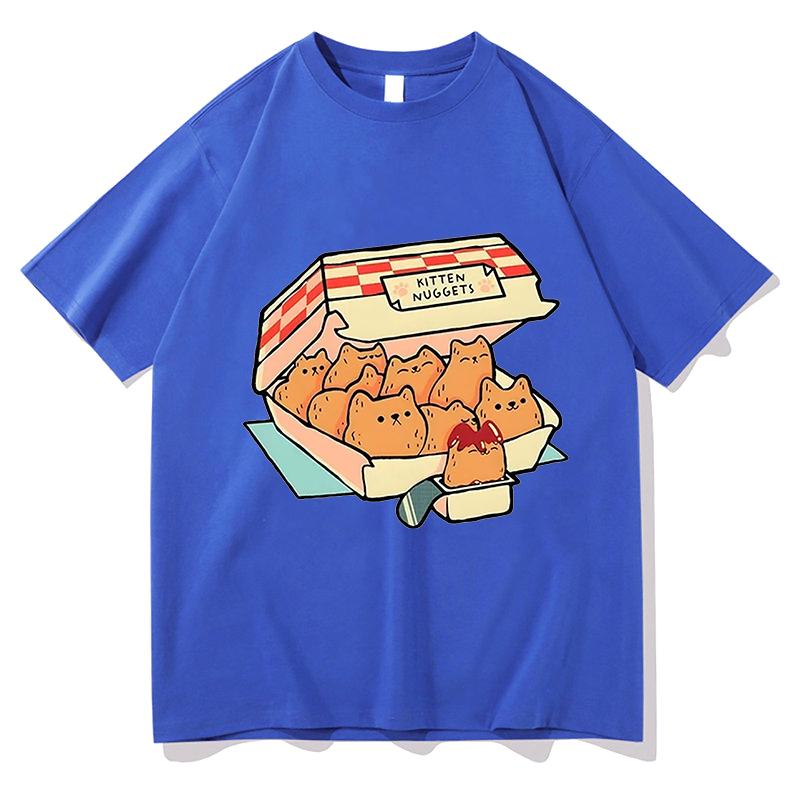 Kocięce Nuggets Radosne Koszulki Damskie Kawaii/urocze Koszulki High Street 100% Bawełna T-shirty Kocie Ciastka Sos do Maczania Krótki Rękaw