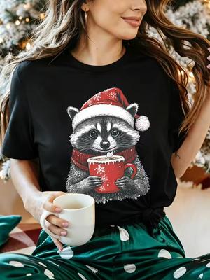 Winter Holiday Womens T Shirt Cute Raccoon Wearing Santa Hat Scarf Hot Cocoa Mug Print Short Sleeve O Neck Casual Party Tops
