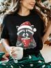 Winter Holiday Womens T Shirt Cute Raccoon Wearing Santa Hat Scarf Hot Cocoa Mug Print Short Sleeve O Neck Casual Party Tops