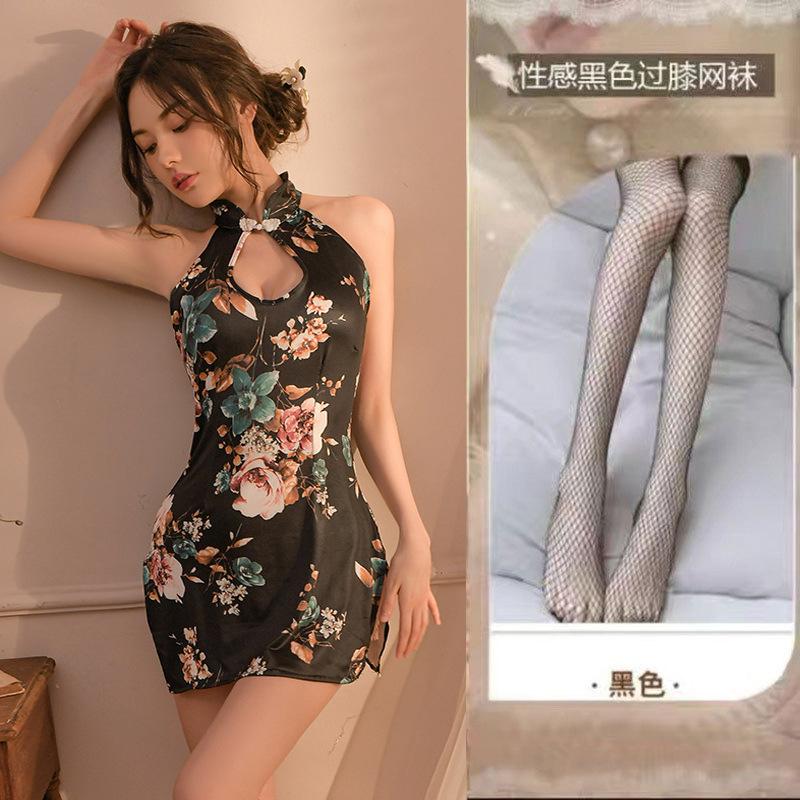 High-quality sexy women's lingerie hip-wrapped cheongsam hollow-printed cheongsam sleeveless split retro