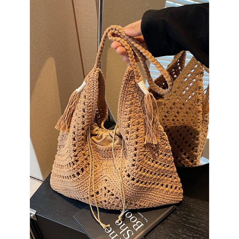 Lazy Wind Relaxation Large Capacity Woven Bag for Women's Summer Beach Vacation Single Shoulder Beach Bag Straw Woven Tote Bag