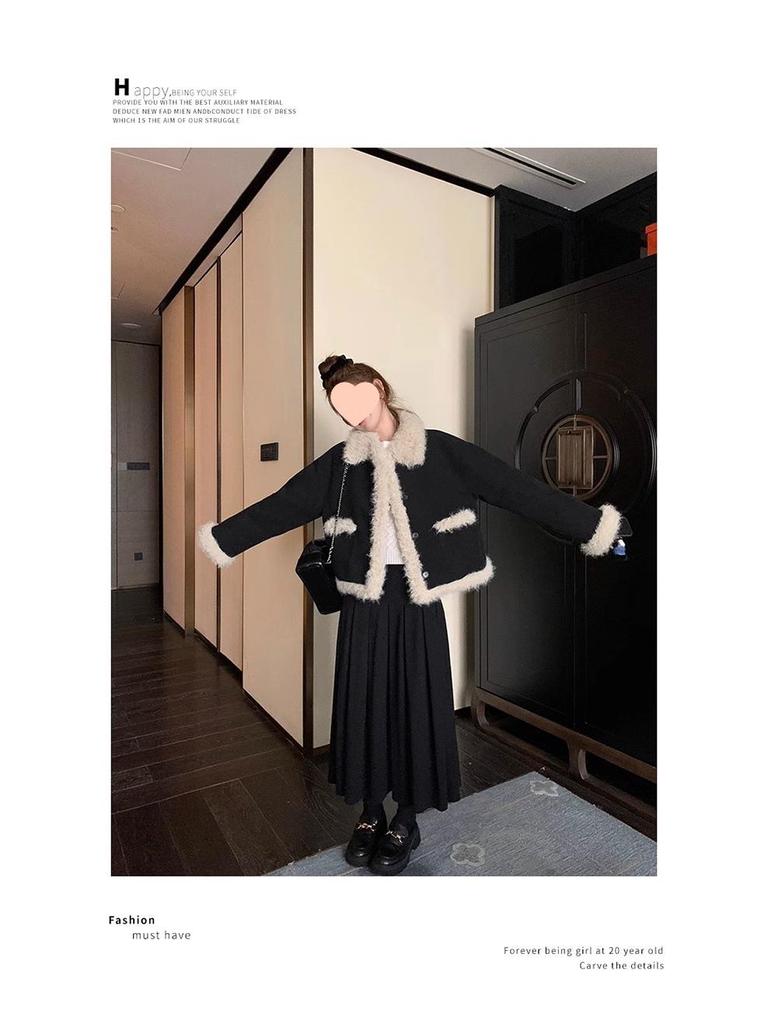 2025 Winter Women's French Chic Black Corduroy Lambswool Coat – Petite Eco-friendly Fur Plush Top