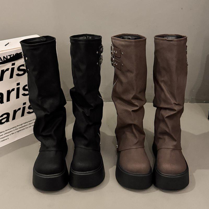 Soklaarzen retro laarzen dames 2025 western ronde neus nieuwe dikke zool gepersonaliseerde rits broek veelzijdig schacht ridderlaarzen