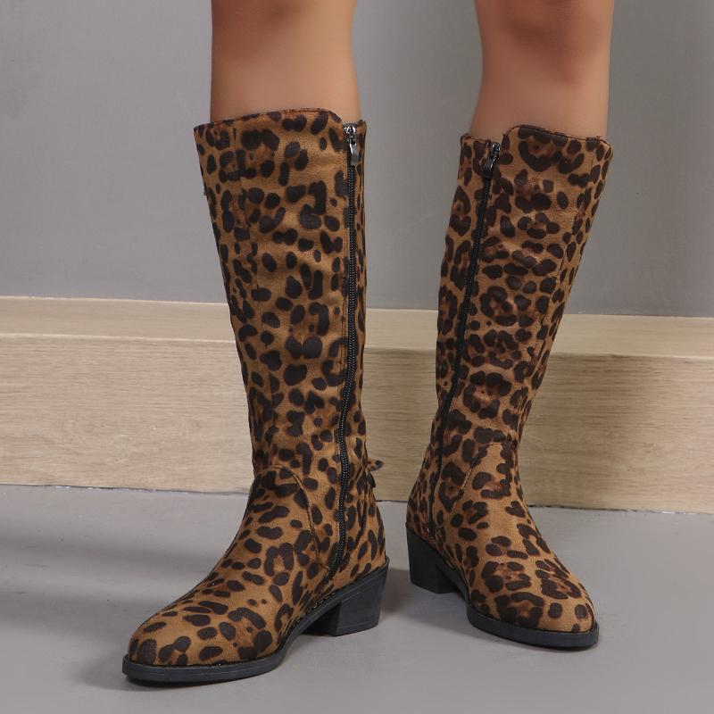 Fashion Trendy High Top Boots 2024 Autumn New Leopard Print Design Casual Anti Slip and Wear-resistant Long Top Women's Boots Large Size