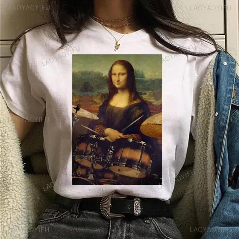 Vintage Humor Mona Lisa Print Women Fashion Top Funny Rose Mona Lisa T-Shirt Classic Camise Breathable Short-sleev