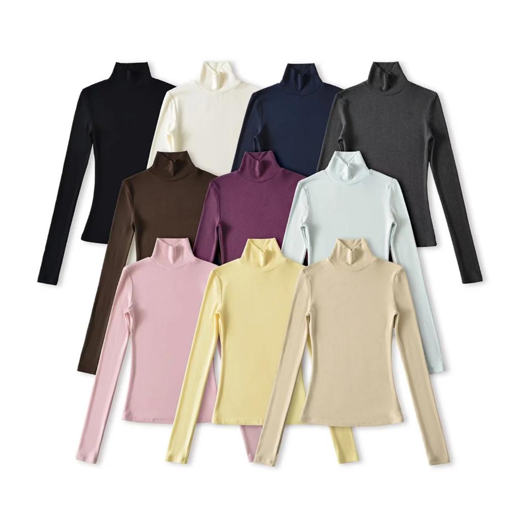 Women's Turtleneck Long Sleeve Slim Fit Top Stretch Solid Color Basic T Shirt