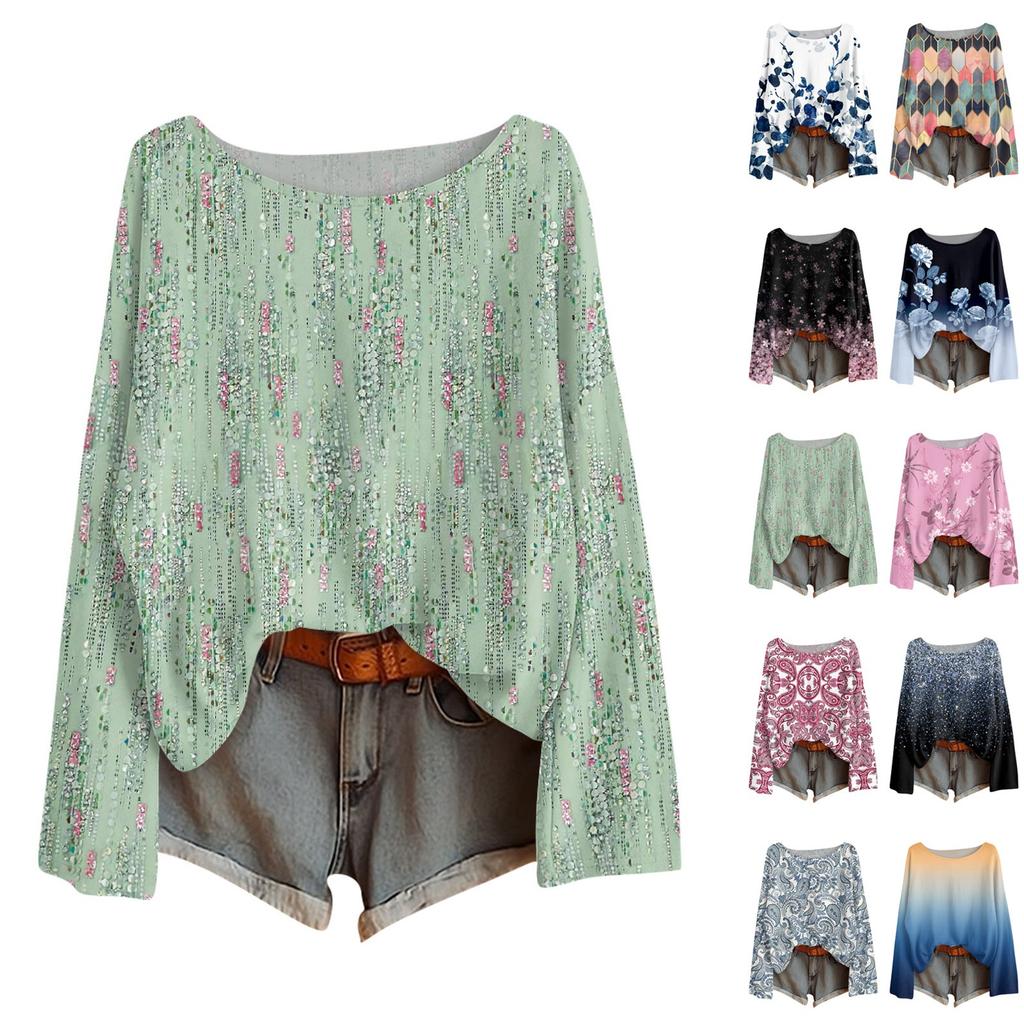 Long Sleeve Shirts For Women Print Graphic Tees Blouses Casual Plus Size Basic Tops Pullover