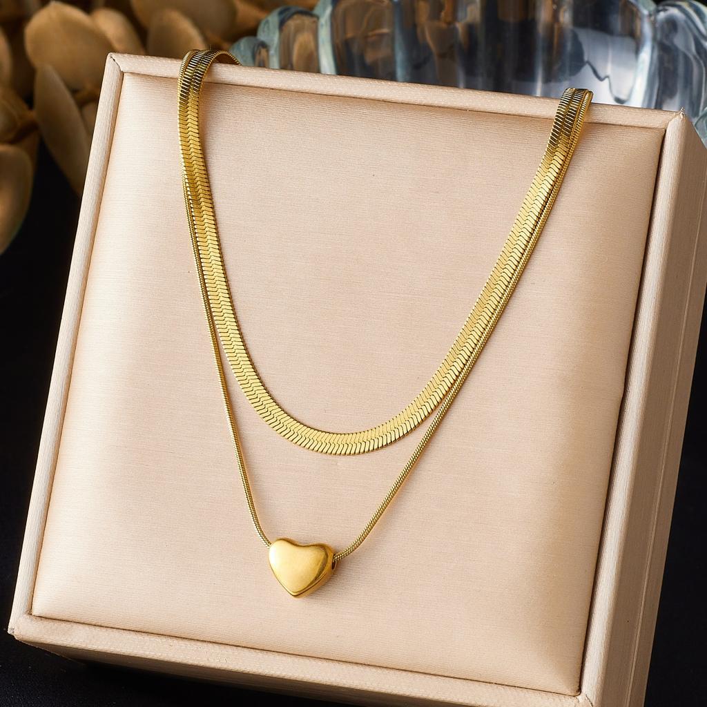 DIEYURO 316L Stainless Steel Golden Fashion Cute Heart Double-layer Snake Bones Necklace Women Elegant Neck Chain Jewelry Gift