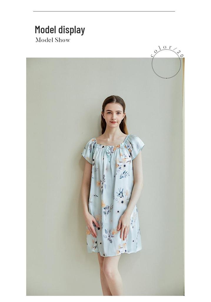 Women's Summer Short Sleeve Printed 100% Mulberry Silk Pajama Dress - Mid-length, Plus Size, Loose-fit Nightgown