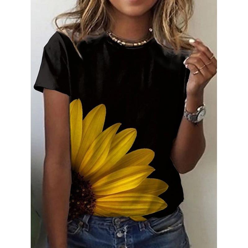 Sunflower Cat Animal Pattern T-shirt for Women 3D Digital Printing T-shirt Fashion T-shirt Short Sleeved Round Neck Top