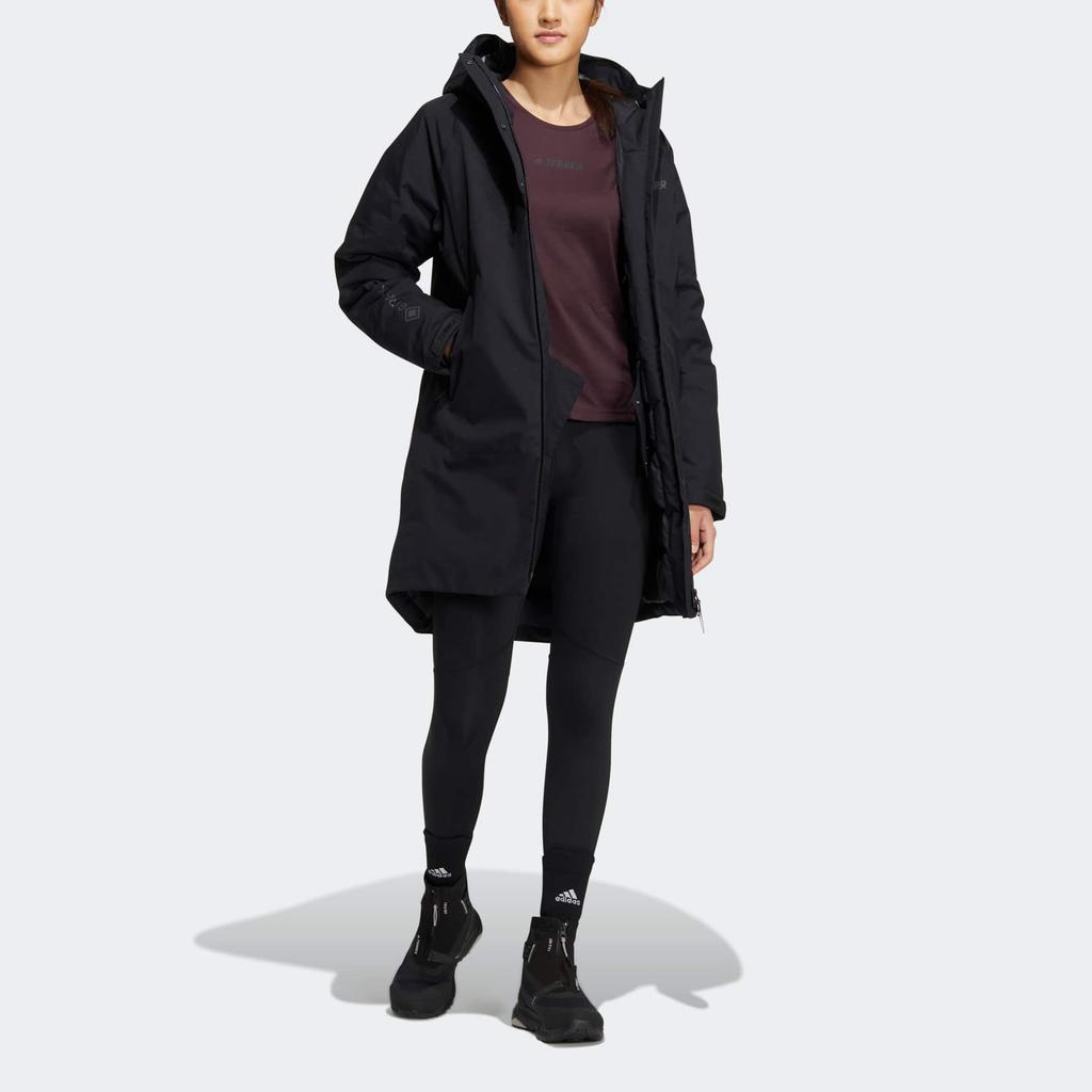 Adidas Terrex W Gtx Gd Jacke Logo-Print Einfarbig Mittellang Kapuzen-Daunenjacke Damenjacke Schwarz HN2001