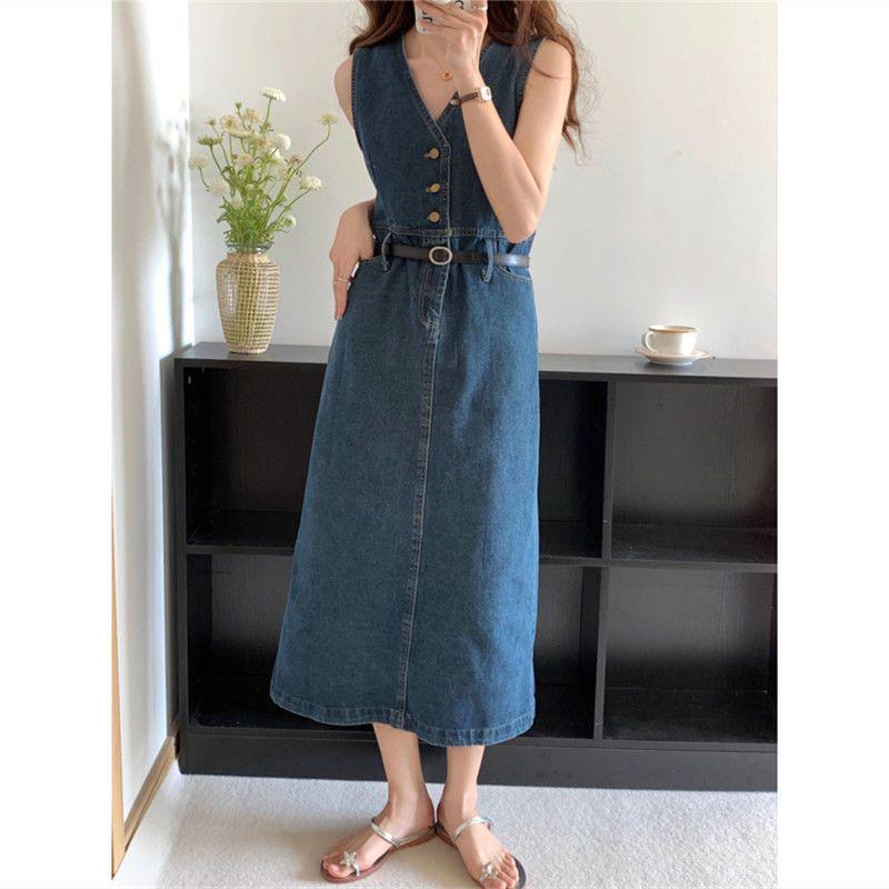 

French V-Neck High-Waisted Denim Overall Dress - Elegant, Slimming Spring Style for Women S (85-95 lbs)