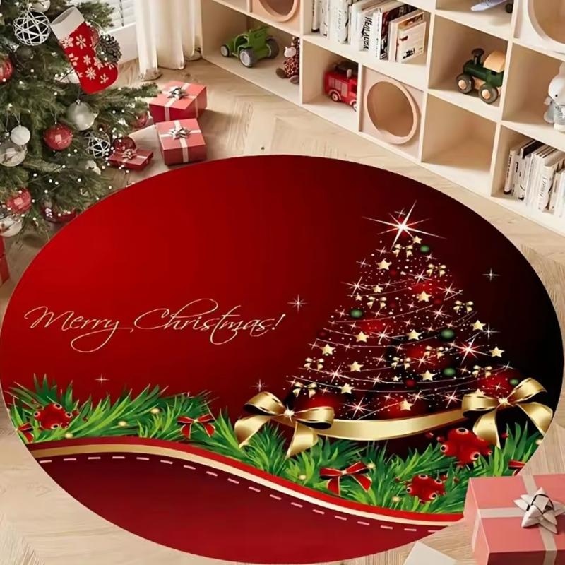 Merry Christmas Round Rug Santa Fireplace Xmas Tree Non Slip Kids Room Floor Mat Happy New Year Decor