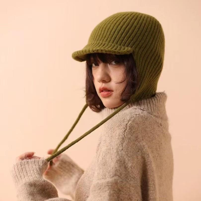 % WOOL pure wool short-brimmed flying hat women's autumn and winter warm knitted ear hat balaclava hat