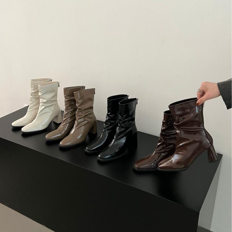 French Temperament High-heeled Thin Short Boots Women's Shoes 2025 New Autumn and Winter Pleated Square Head Short Boots Children